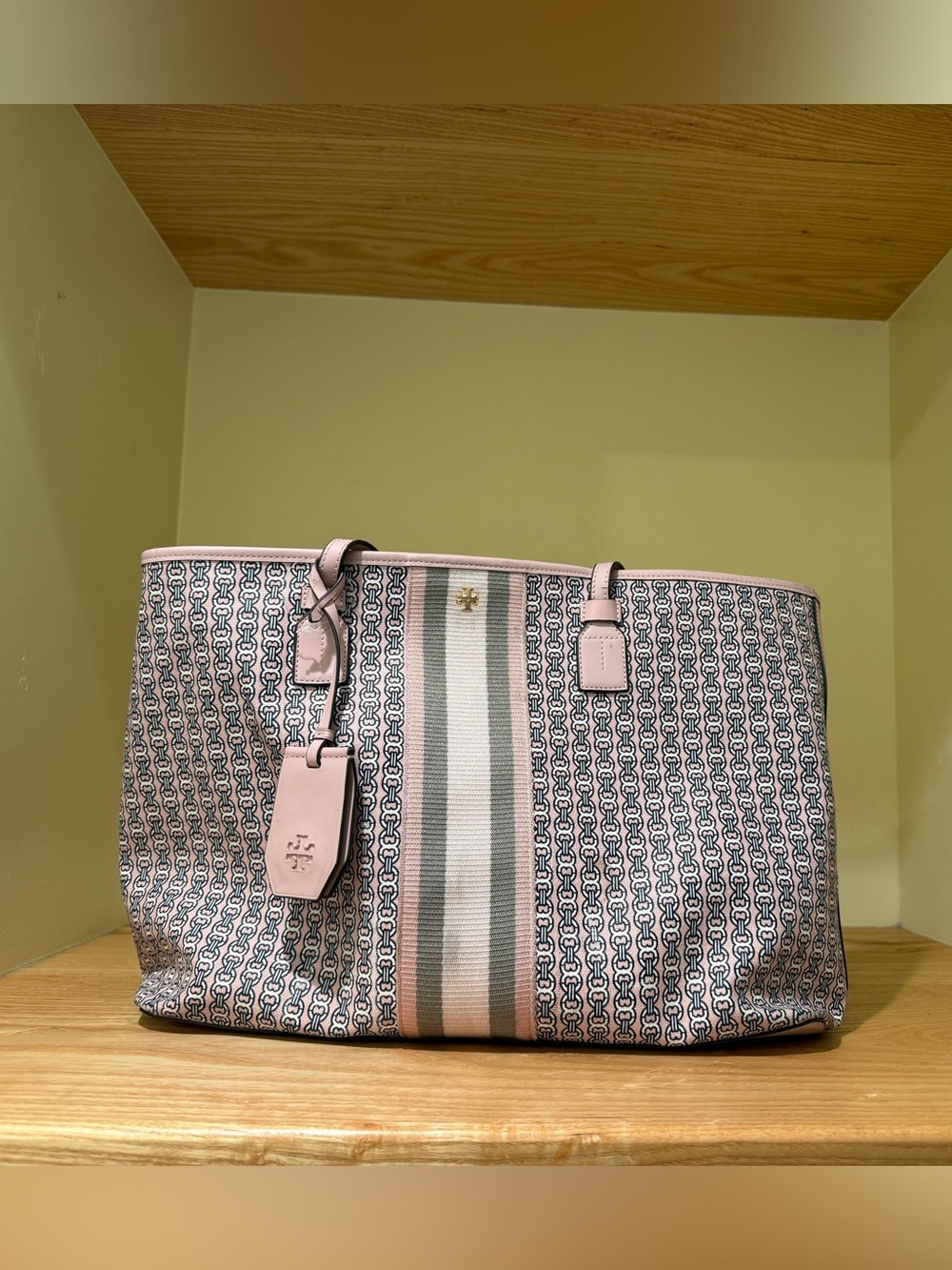 Tory Burch Pink and Navy Jacquard Stripe Tote